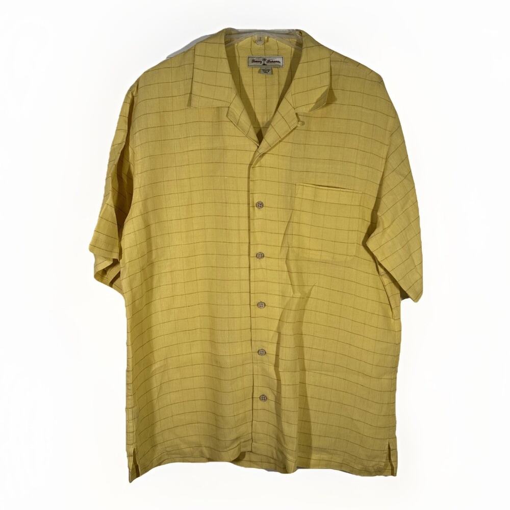 Tommy Bahama Shirt Mens L Yellow Check Linen Blend Casual Short Sleeve Camp Silk